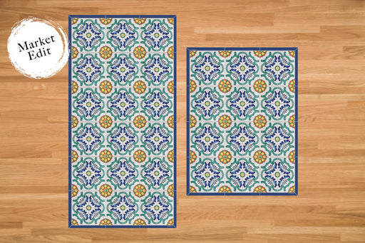 Etú HOME | Positano B Italian Kitchen Sink Floor Mat (24x47) showcasing Mediterranean tile pattern with blue, green, and orange motifs, ideal for enhancing kitchen aesthetics.