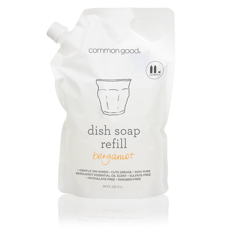 Common Good | Dish Soap Refill Pouch, Bergamot: 34 fl oz pouch with screw-cap spout, gentle on hands, cuts grease, sulfate- and paraben-free, plant-based formula.