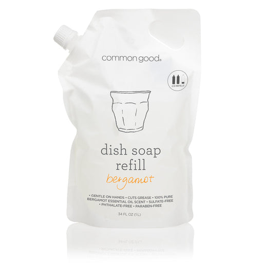 Common Good | Dish Soap Refill Pouch, Bergamot: 34 fl oz pouch with screw-cap spout, gentle on hands, cuts grease, sulfate- and paraben-free, plant-based formula.