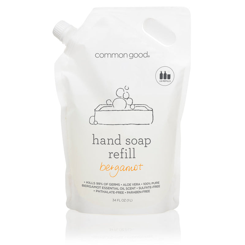Common Good | Hand Soap Refill, Bergamot, in a 34 fl oz pouch, features germ-killing, eco-friendly formula with aloe vera for soft hands.