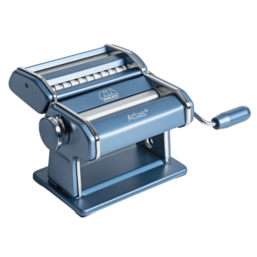 Marcato | Atlas 150 Plus Pasta Machine with adjustable rollers and double cutter for lasagne, fettuccine, and spaghetti, featuring a hand crank for manual operation.