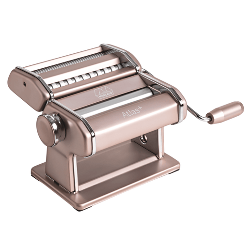 Marcato | Atlas 150 Plus Pasta Machine, Powder Pink, with adjustable rollers and double cutter for lasagne, fettuccine, and spaghetti, featuring a hand crank for manual operation.