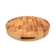 Round 16-inch maple end grain cutting board by J.K. Adams, ideal for professional kitchen use, available at Athens Cooks.