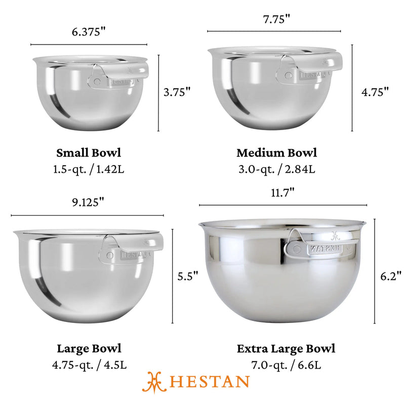 Hestan Provisions | 7qt Stainless Steel Mixing Bowl sizing chart detailing bowl dimensions and capacities, emphasizing durability and versatility for various cooking techniques.