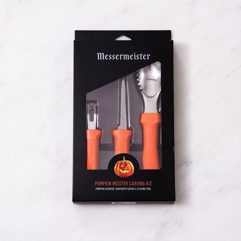 Messermeister Pumpkin Meister Carving Set: Three orange-handled tools in a black box, ideal for precise pumpkin carving with ergonomic handles and stainless steel blades.