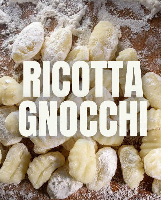 Close-up view of freshly made ricotta gnocchi sprinkled with flour on a wooden surface. The words "COOKING CLASS | Ricotta Gnocchi Dinner with Chef Hunter, Wednesday 16 October, 6:00pm - 8:00pm" are written prominently in large white letters across the center, as if inviting you to join Athens Cooks' hands-on cooking experience.