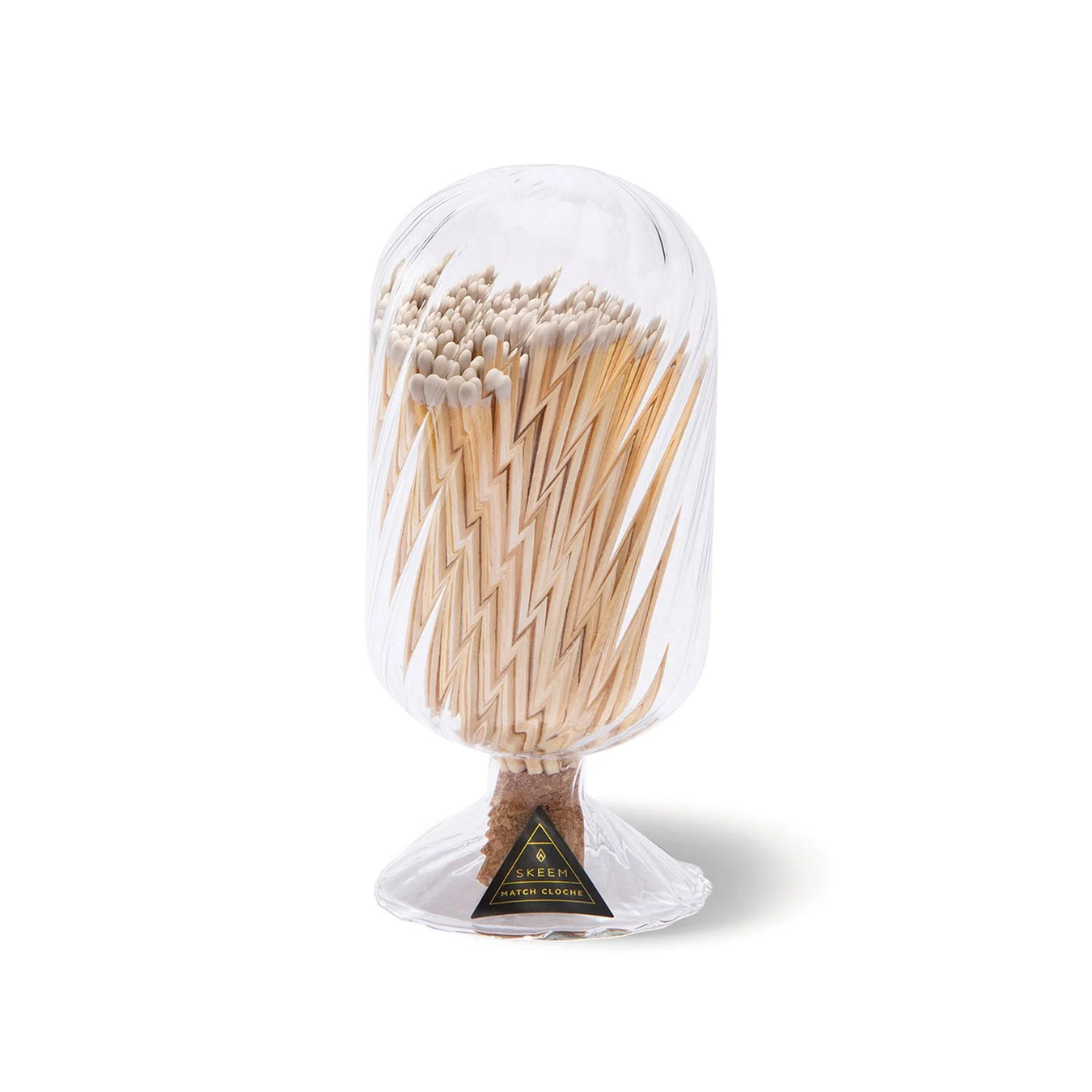 Skeem | White Helix Match Cloche: A clear glass dome filled with white-tipped matches, featuring a cork base striker and SKEEM Match Cloche label.