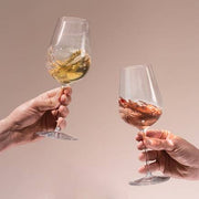 Richard Brendon | Jancis Robinson Precision Wine Glass Set of 4, elegantly held in pairs, showcasing fine stemware ideal for sophisticated wine tasting experiences.