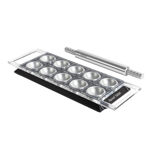 Marcato Ravioli Tablet - Powder Pink: Includes a rectangular pasta mold with circular cavities and a branded stainless-steel rolling pin for making ten square ravioli effortlessly.