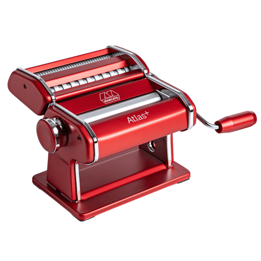 Marcato | Atlas 150 Plus Pasta Machine, Red, with adjustable rollers and interchangeable cutters for lasagne, fettuccine, and spaghetti, featuring a removable crank handle.
