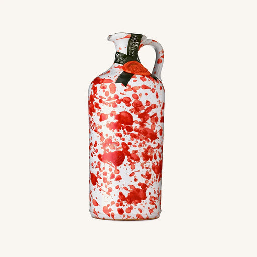 Frantoio Galantino Extra Virgin Olive Oil in Bordeaux Ceramic Jug, featuring artisanal hand-painted design, ideal for gifting, filled with award-winning Italian olive oil.