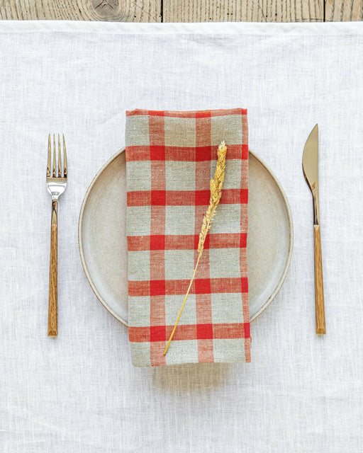MagicLinen set of two linen napkins in Cinnamon Gingham, showcasing their soft, stone-washed texture and versatile elegance for enhancing your dining table.