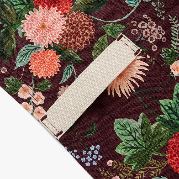 Hedley & Bennett Rifle Paper Co. Essential Apron, Burgundy Dahlia — fabric and construction detail