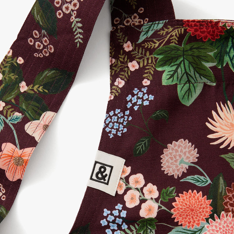 Hedley & Bennett Rifle Paper Co. Pinafore Apron, Burgundy Dahlia — construction detail