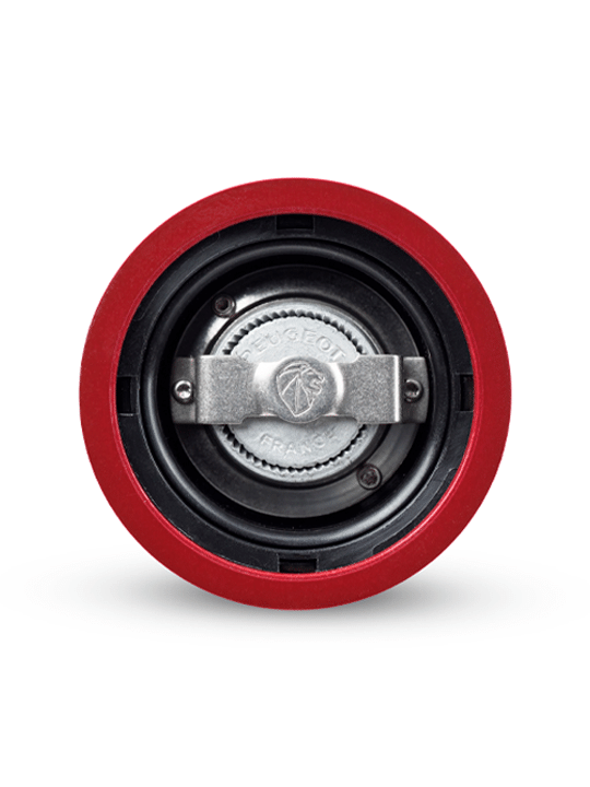 Peugeot | Paris Chef u'Select Passion Red Pepper Mill, 9 inches, showcasing its metal grinding mechanism with PEUGEOT FRANCE and lion logo visible.