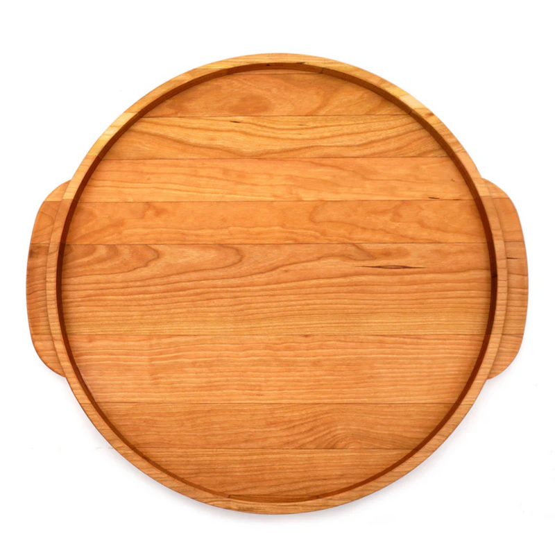 J.K. Adams | Cherry Round Wooden Serving Tray with shallow rim and side handles, ideal for serving or slicing, reflecting Athens Cooks’ curated kitchen essentials.