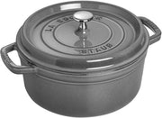 STAUB Round Cocotte - 4 qt Graphite, a cast iron pot with self-basting lid, perfect for slow-cooking, simmering stews, and enhancing flavors, ideal for home chefs.