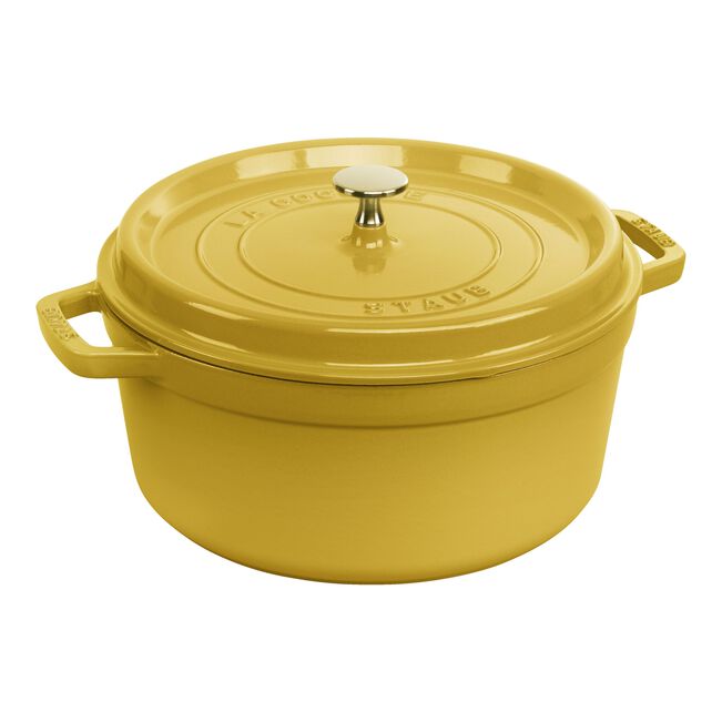 Staub 5.5 qt Citron Cocotte, perfect for slow-cooking, features a self-basting lid and matte black enamel interior, ideal for professional and home kitchens.