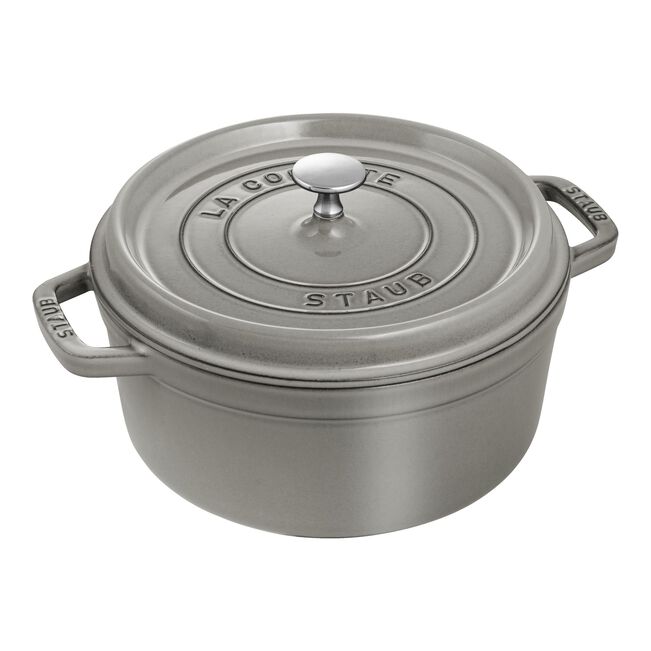 Staub | Round Cocottes - 5.5 qt Graphite, a cast iron pot with a self-basting lid, perfect for slow-cooking and serving at Athens Cooks.