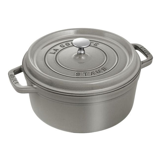 Staub | Round Cocottes - 5.5 qt Graphite, a cast iron pot with a self-basting lid, perfect for slow-cooking and serving at Athens Cooks.