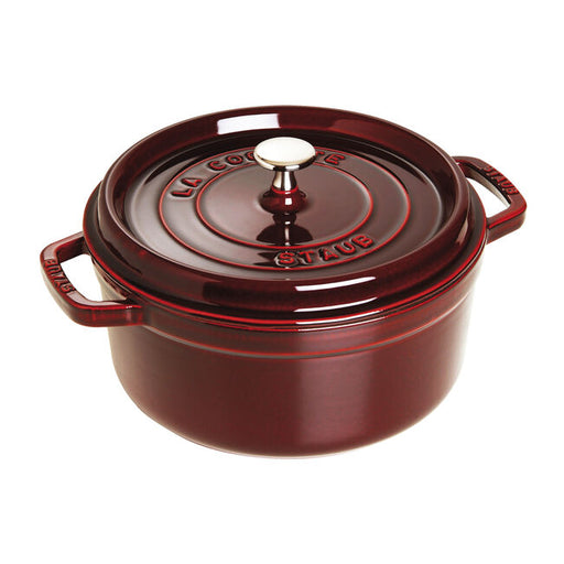 Staub | Round Cocottes - 5.5 qt Grenadine, cast iron pot with a self-basting lid, ideal for slow-cooking and serving, showcased at Athens Cooks.