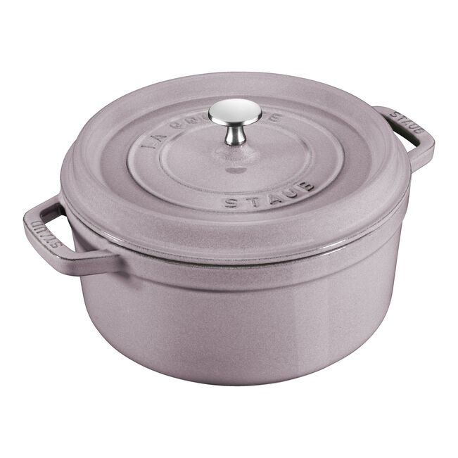 STAUB Cocotte 5.5 qt Lilac, perfect for slow-cooking, features a self-basting lid and enamel finish, ideal for both kitchen use and elegant serving.