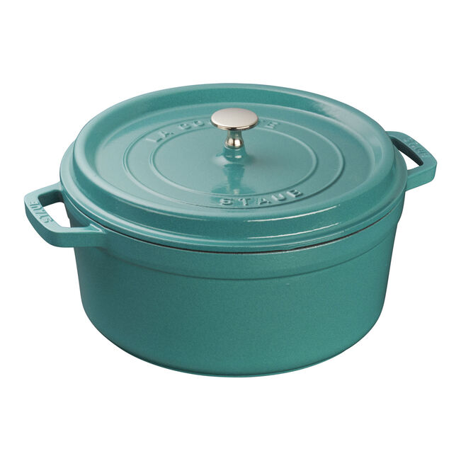 Staub | Round Cocottes - 5.5 qt Turquoise: Sturdy cast iron pot with self-basting lid, ideal for slow-cooking. Perfect for transitioning from kitchen to table.