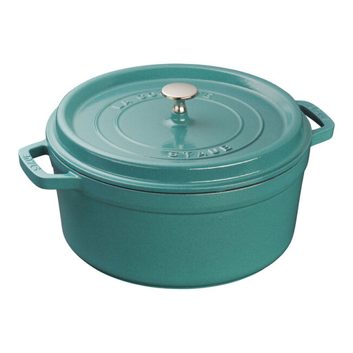 Staub | Round Cocottes - 5.5 qt Turquoise: Sturdy cast iron pot with self-basting lid, ideal for slow-cooking. Perfect for transitioning from kitchen to table.