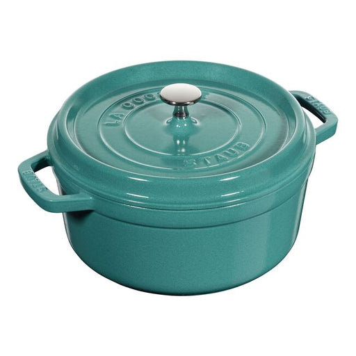 Staub Round Cocottes - 9 qt Turquoise, a versatile cast iron pot ideal for slow-cooking and braising, featuring a self-basting lid and matte black enamel interior.