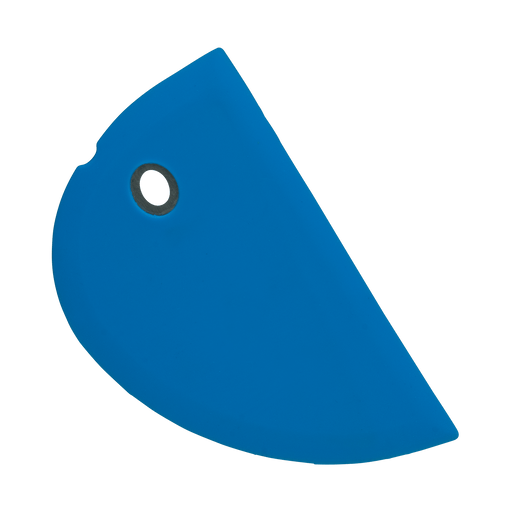 Messermeister Blue Silicone Bowl Scraper, a flexible tool designed for scraping and smoothing, featuring a curved edge and hanging hole for efficient kitchen use.