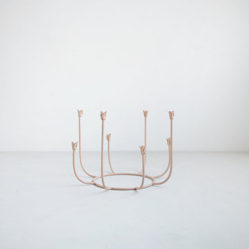 The Floral Society | Beacon Long-Stem Candelabra, Dune features eight tulip-shaped cups on slender stems, perfect for taper candles, handmade for unique charm.