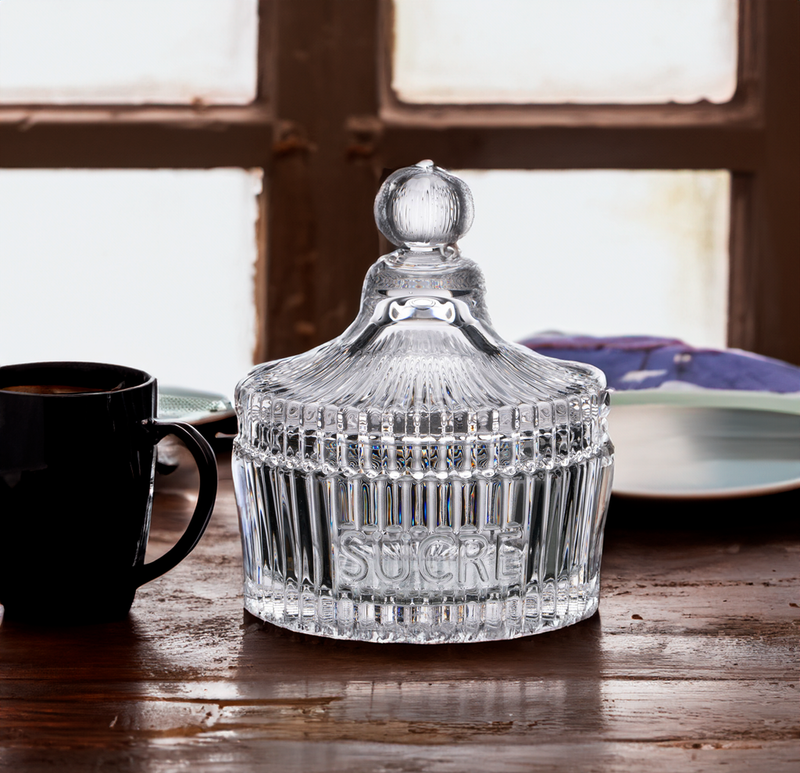 Earth & Nest Glass Sugar (Sucre) Dish with embossed French text, showcasing vintage design in lead-free glass, ideal for elegant kitchen or dining display.