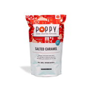 Poppy | Handcrafted Popcorns - Salted Caramel, featuring a white label, blue circle, and flower design. Gluten-free, Non-GMO, made with real butter and Celtic Sea Salt®.