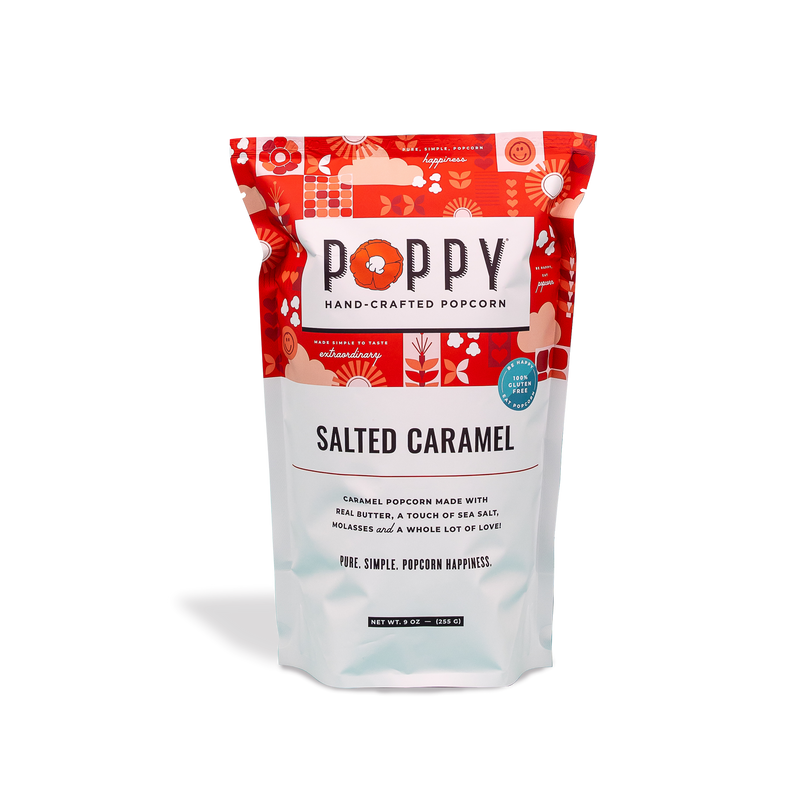 Poppy | Handcrafted Popcorns - Salted Caramel, featuring a white label, blue circle, and flower design. Gluten-free, Non-GMO, made with real butter and Celtic Sea Salt®.
