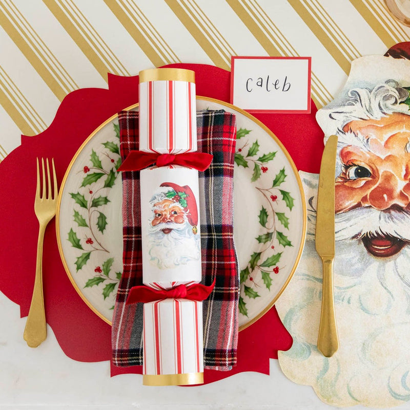 Hester & Cook Christmas Crackers - Santa, designed for festive dining, featuring surprises like a honeycomb ball, confetti, gold crown, and conversation card.