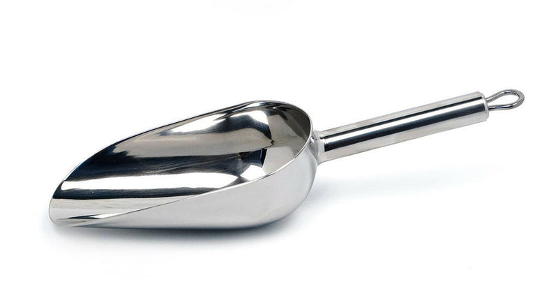 RSVP | Scoops - Large: Highly polished silver scoop with handle and hanging loops, ideal for portioning dry ingredients. Measures 10 inches, holds 1 cup.
