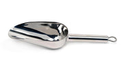 RSVP | Scoops - Medium: A polished silver scoop with a handle and hanging loop, ideal for portioning dry ingredients, featuring a half-cup capacity for kitchen use.