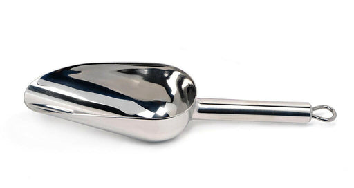 RSVP | Scoops - Medium: A polished silver scoop with a handle and hanging loop, ideal for portioning dry ingredients, featuring a half-cup capacity for kitchen use.