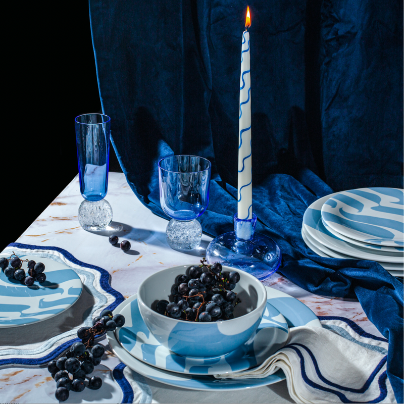 Misette | Colorblock Embroidered Linen Napkins, Dark Blue