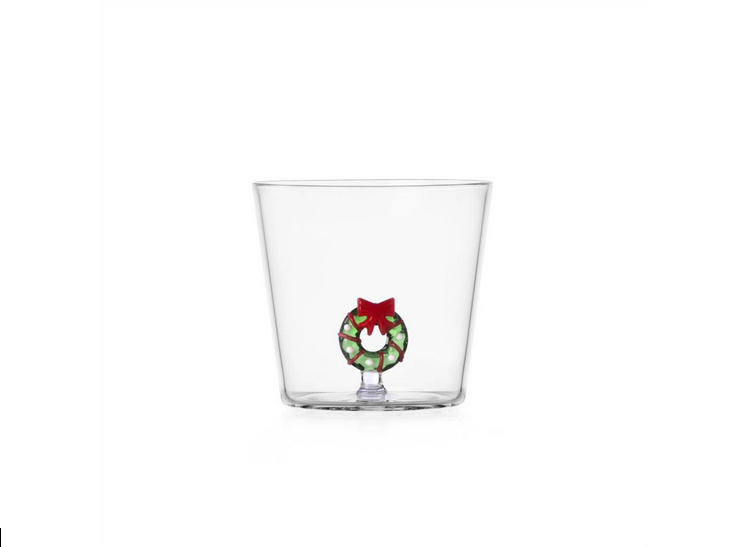 Ichendorf Christmas Wreath Tumbler with a mini wreath at the base, featuring etched leaves and berries, crafted from resilient borosilicate glass for festive drinks.
