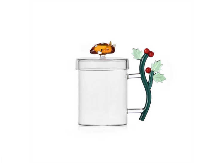 Ichendorf | Fawn Mug w/Lid: A decorative borosilicate glass mug with holly branch handle, matching lid, and a sleeping fox figurine, ideal for warm, mindful brews.
