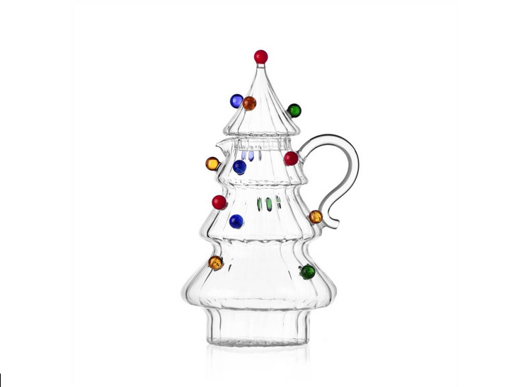 Ichendorf | Christmas Tales Coloured Balls Jug: Glass pitcher shaped like a tiered Christmas tree with colored glass ornaments, curved handle, and conical lid topped with a red ball.