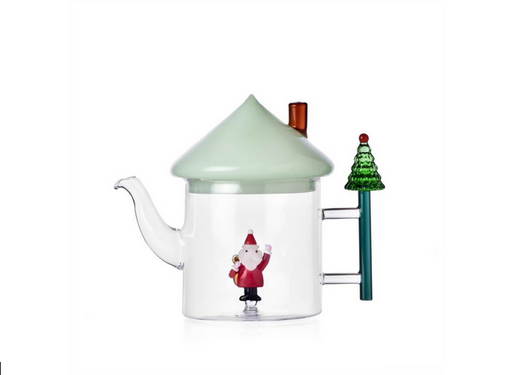 Ichendorf | Christmas Tales Santa Claus Tea Pot, Green: Novelty glass teapot shaped like a Christmas house with Santa inside, green roof lid, and glass tree handle.