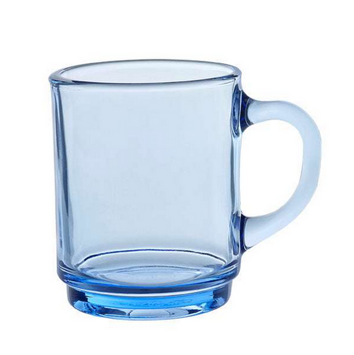 Duralex | Versailles Clear Mug, Marine: A stackable, tempered glass mug with a slight blue tint and handle, ideal for hot beverages, embodying both elegance and practicality.