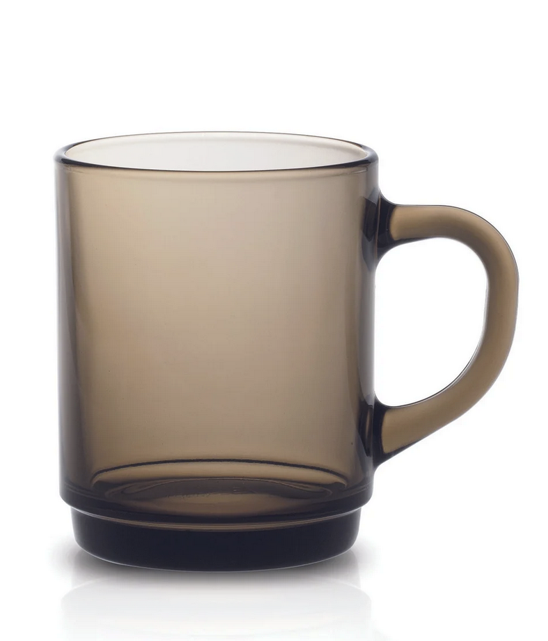 Duralex | Versailles Mug, Sepia: A translucent amber-brown glass mug with a simple cylindrical shape and handle, ideal for enhancing your kitchenware collection.