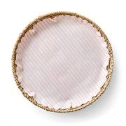 Pink Me Up Original Flate Plate Liners displayed in a basket with a pink and white striped cloth, ideal for enhancing your dining presentation.