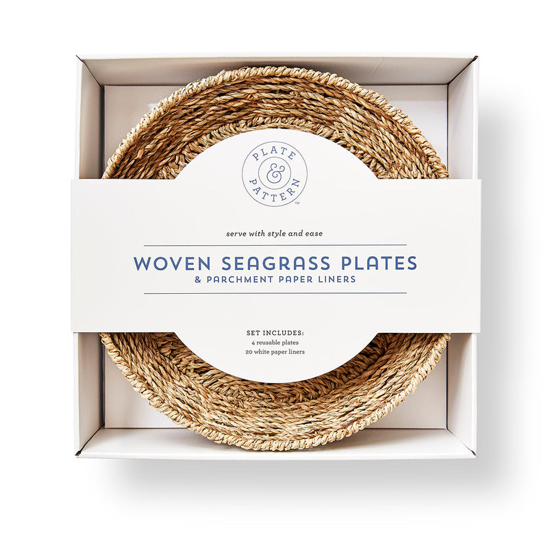 Woven seagrass plates set of four in a basket with liners, showcasing intricate patterns, ideal for Athens Cooks' curated kitchen collection.