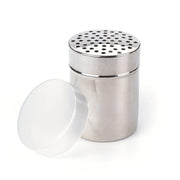 Shaker - All-Purpose: Silver cylinder shaker with fine mesh top, ideal for cheeses, herbs, or spices, featuring a compact design for easy use in any kitchen.