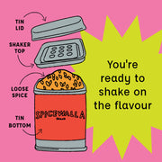 Exploded-view of Spicewalla | Za'atar tin showing components and loose spice; highlighted by slogan, You’re ready to shake on the flavour.