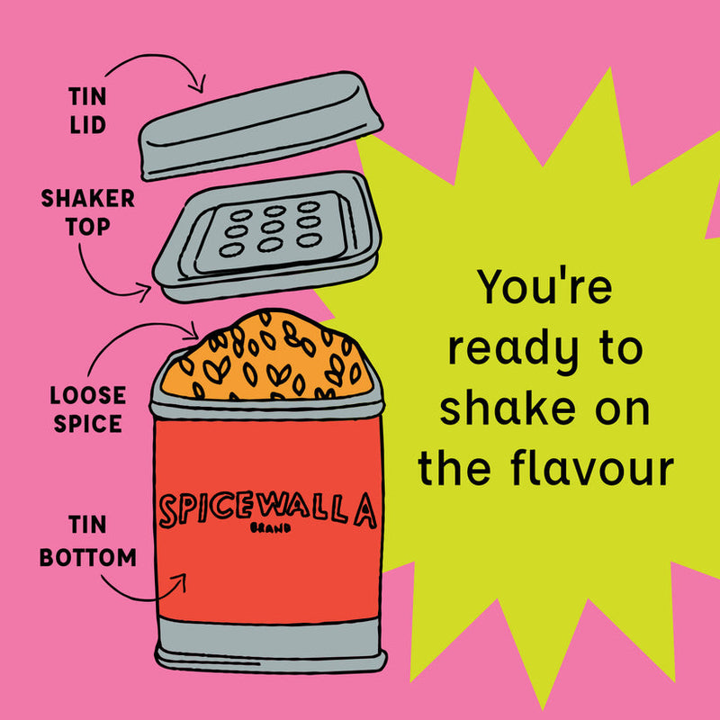 Exploded-view of Spicewalla | Herbs de Provence tin, showing lid, shaker top, loose spices, and branded bottom, with a starburst saying, You’re ready to shake on the flavour.